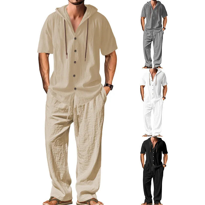 Men's casual cotton sports leisure suit in a long sleeve top and trousers, shown in a neutral colour.