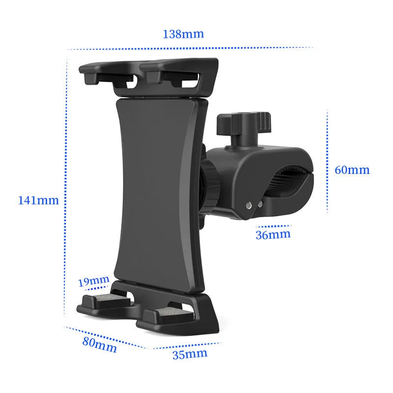 Black ABS bicycle handlebar mount for mobile phones and tablets showing adjustable clamp mechanism