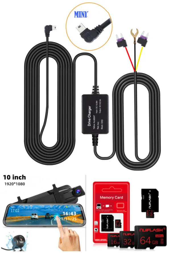 Black 10-inch rear view mirror dash cam with dual recording, 170-degree angle, and touch screen