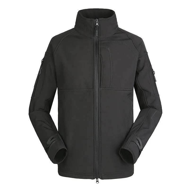 Men's thin commander-style outdoor jacket in loose fit with stand collar, shown in camouflage colour.