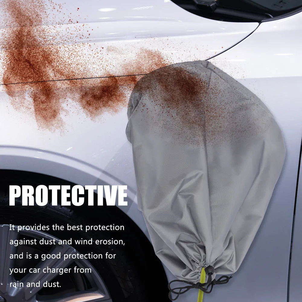 Grey waterproof drawstring bag cover for electric vehicle charging connector.