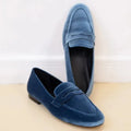 Blue and black sole leisure flat suede loafers with round toe and low top design