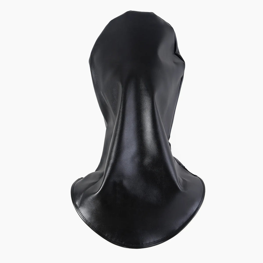 Black leather headgear mask with adjustable straps and breathable perforations for training use