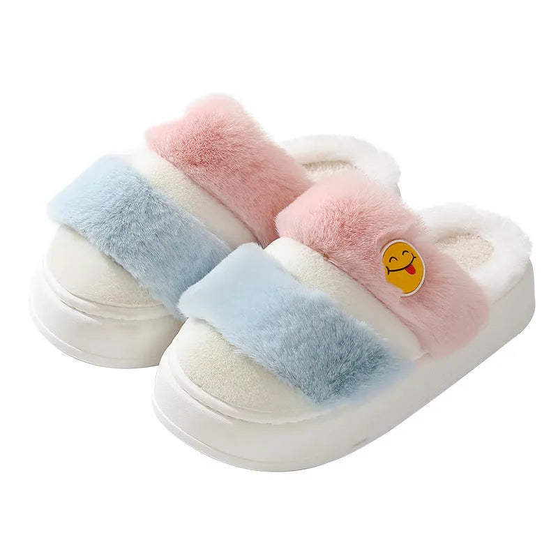 Thermal cotton slippers with cashmere lining in pink-green colour, showing plush exterior and non-slip sole