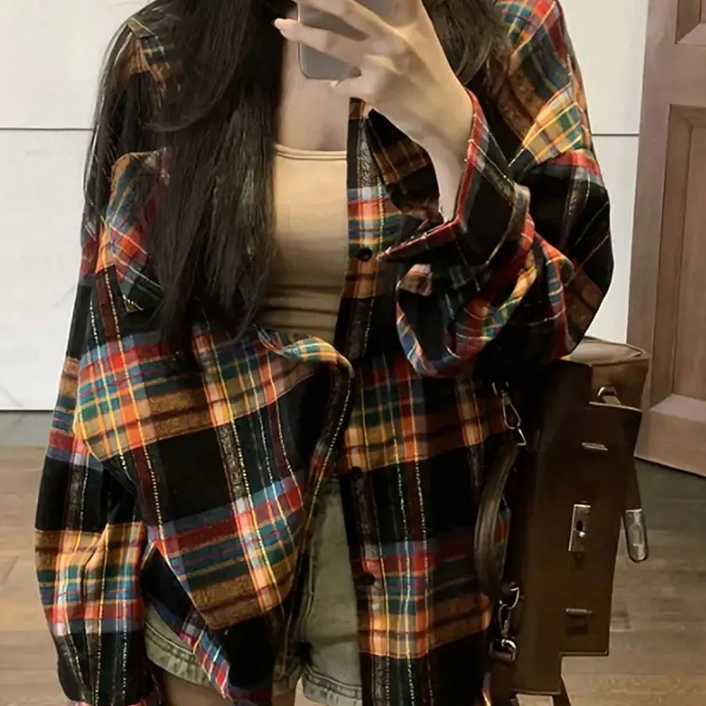 Women's loose fit plaid shirt in black, green, or purple with long sleeves and cotton fabric
