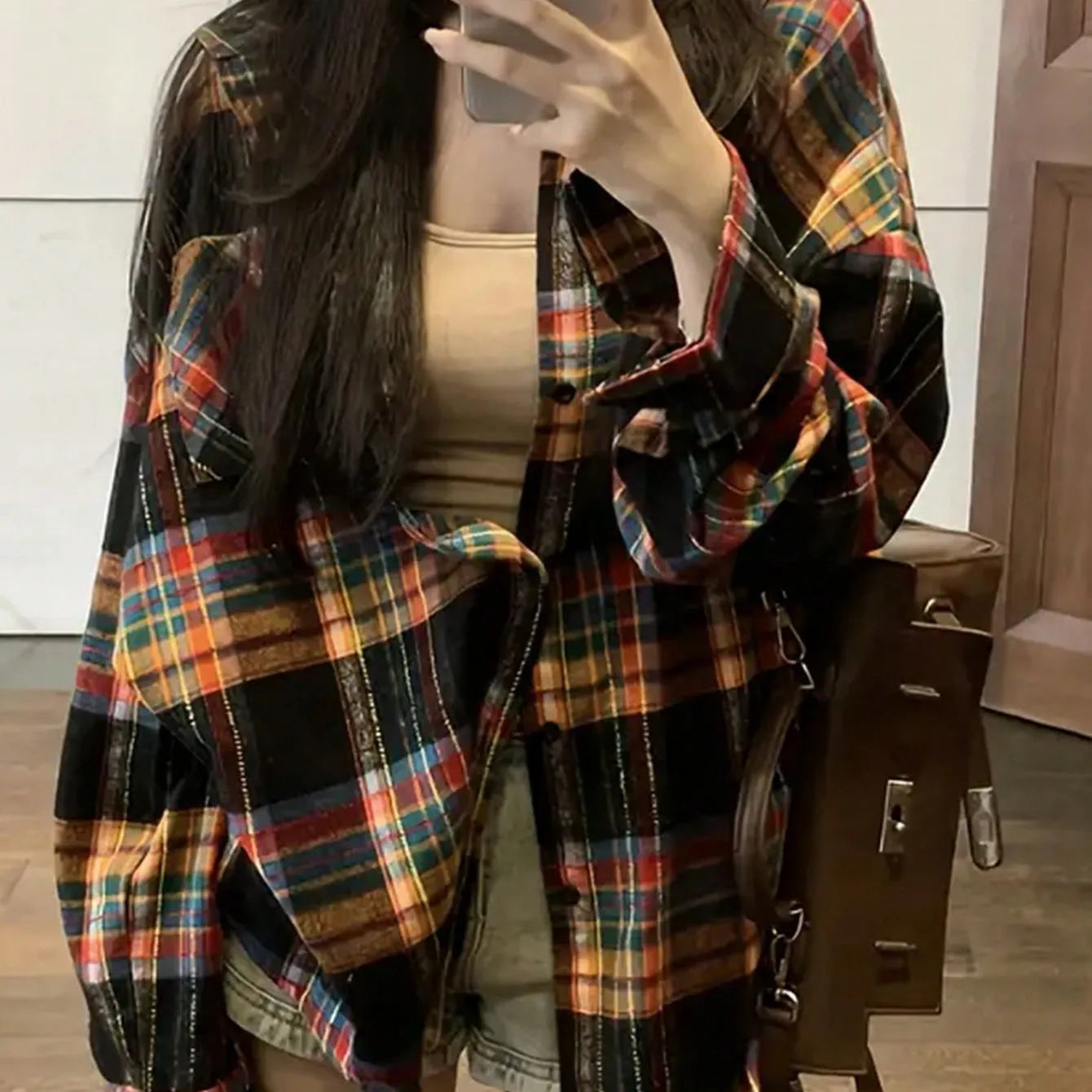 Women's loose fit plaid shirt in black, green, or purple with long sleeves and cotton fabric