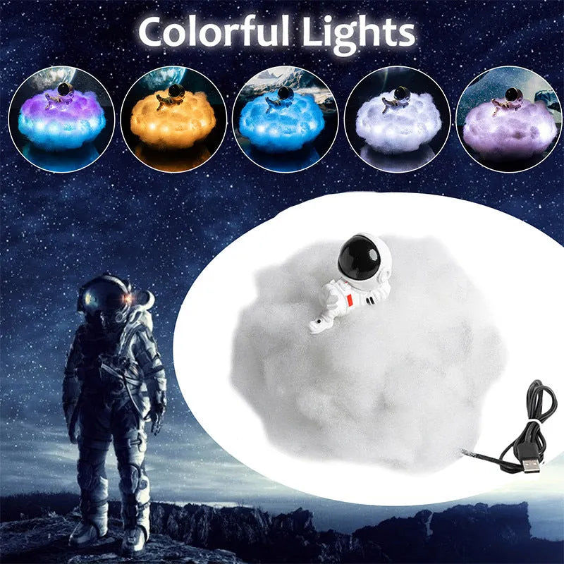 LED astronaut cloud lamp with colour-changing rainbow effect on a wooden stand, 15 x 20cm night light for kids
