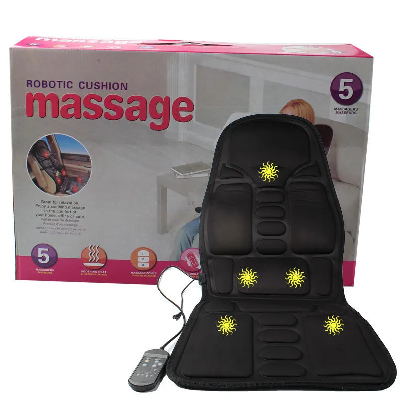 Black heating massage mat with infrared physiotherapy function and continuously variable speed control on seat cushion