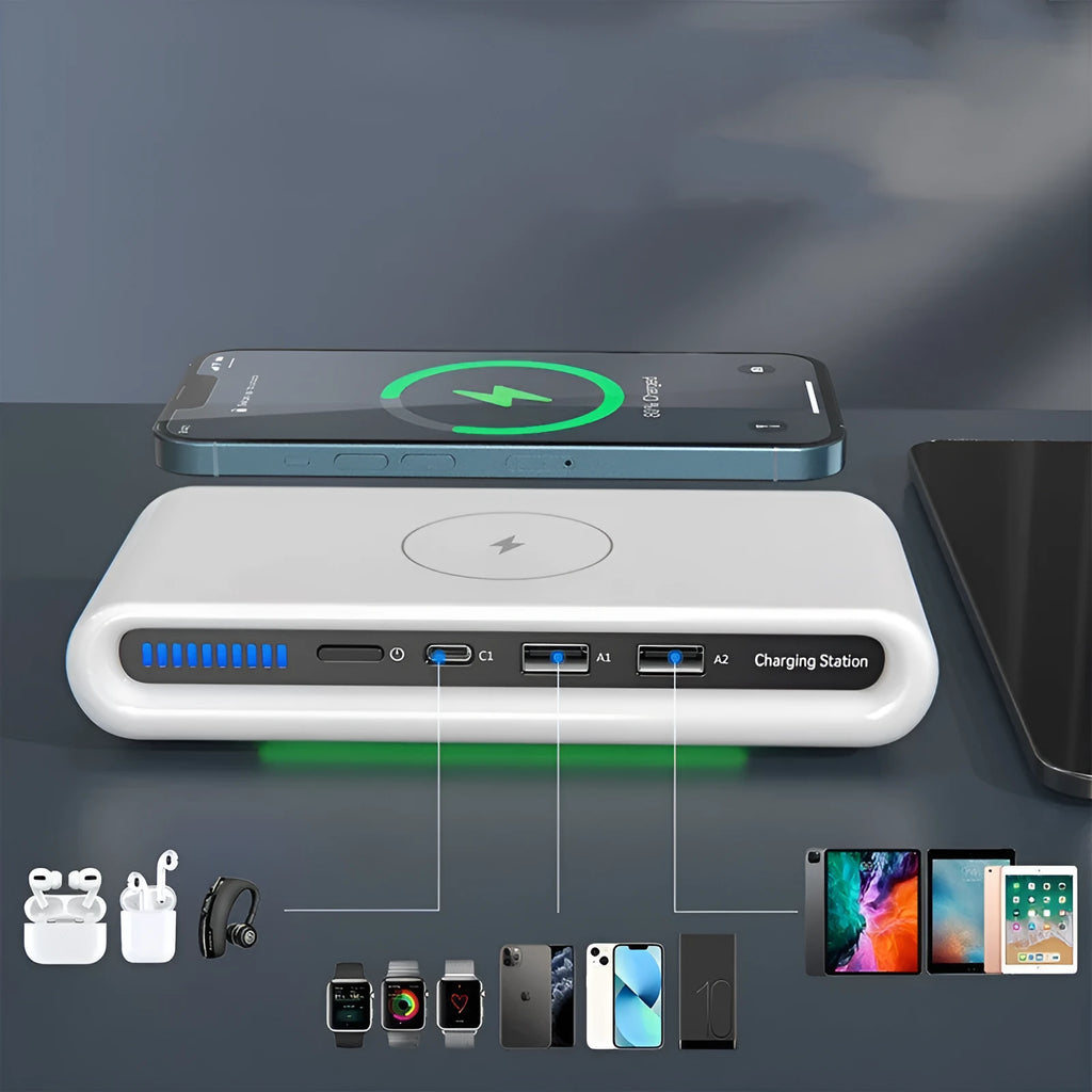 White desktop wireless charging pad with multicolour LED atmosphere lighting and a coiled Type-C cable.