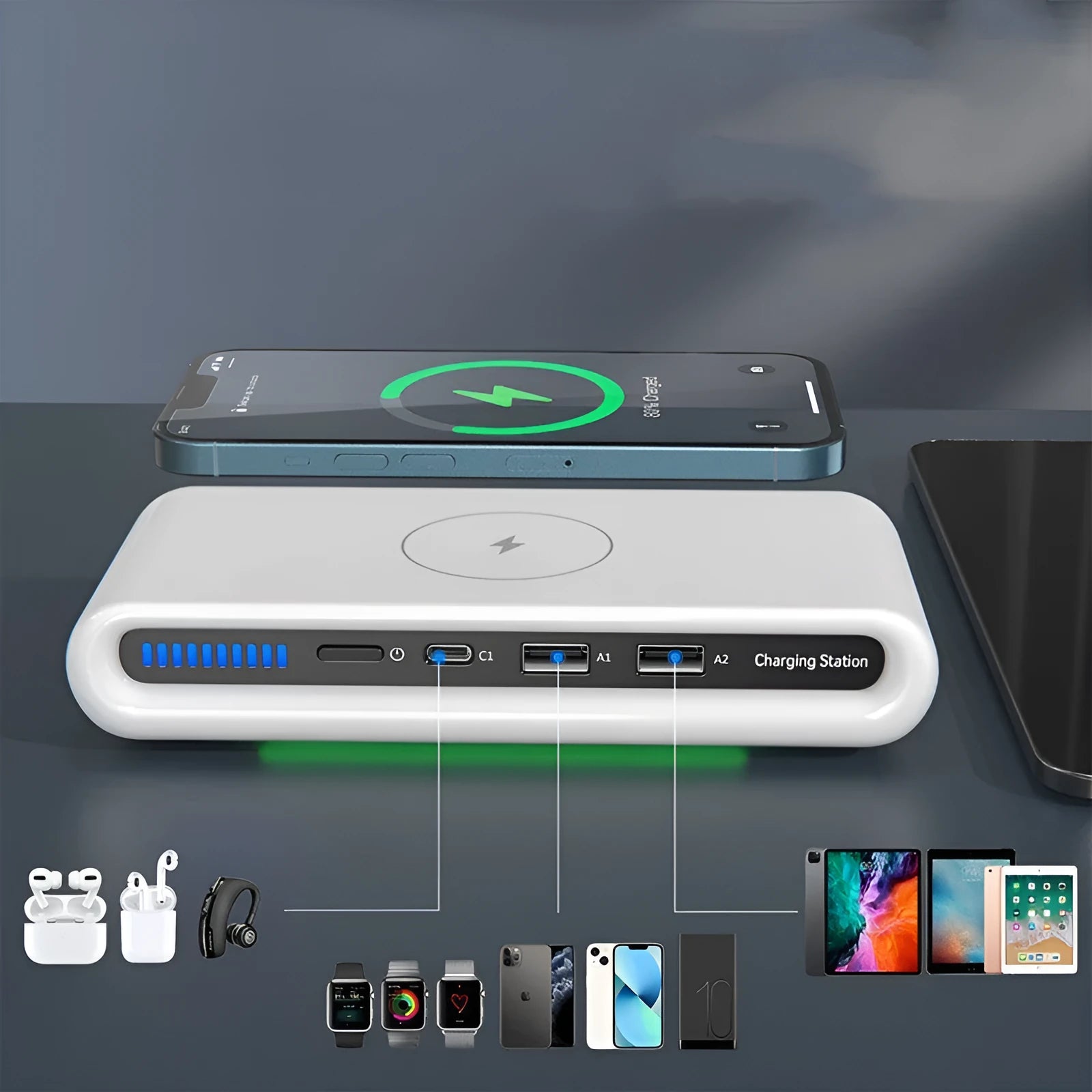 White desktop wireless charging pad with multicolour LED atmosphere lighting and a coiled Type-C cable.