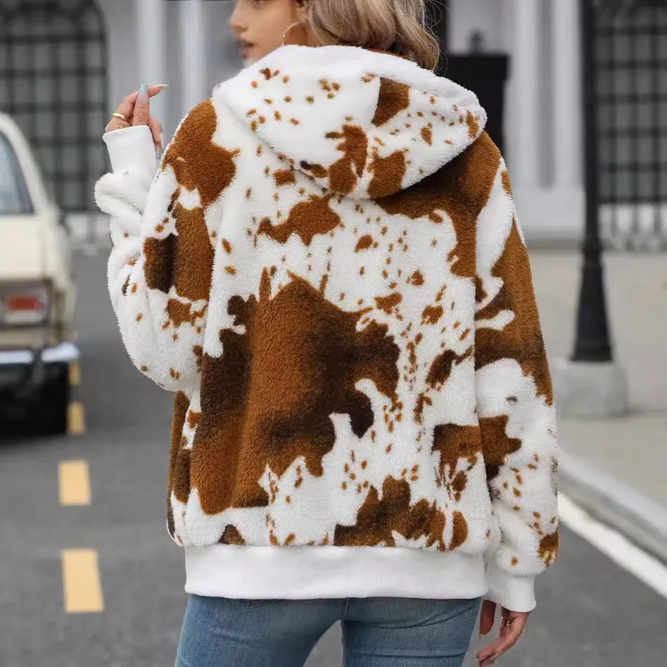 Yellow brown cow animal print hooded zipper cardigan jacket with plush texture and regular sleeves