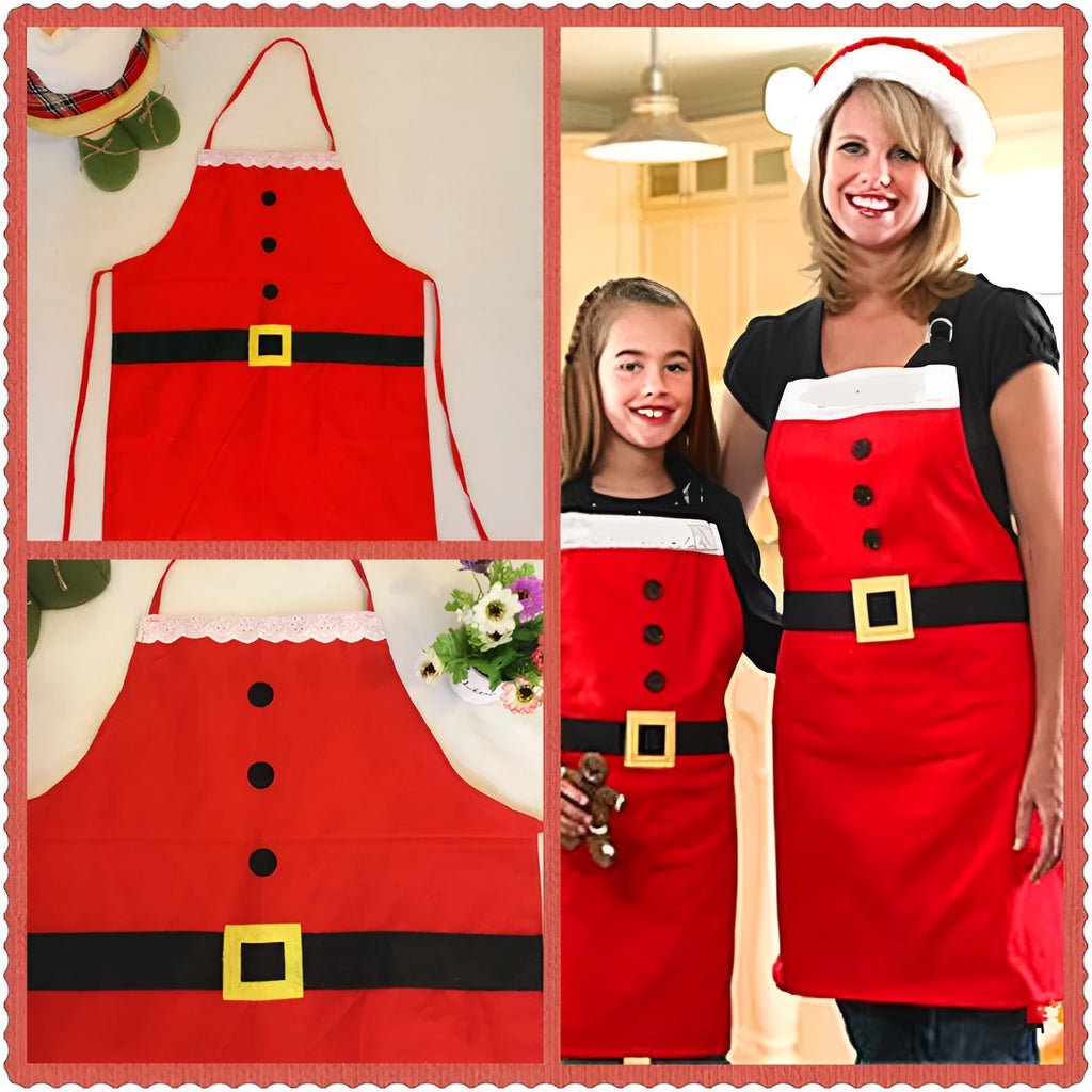 Red Christmas apron for adults and children on a hanger, showing adjustable neck and waist straps.