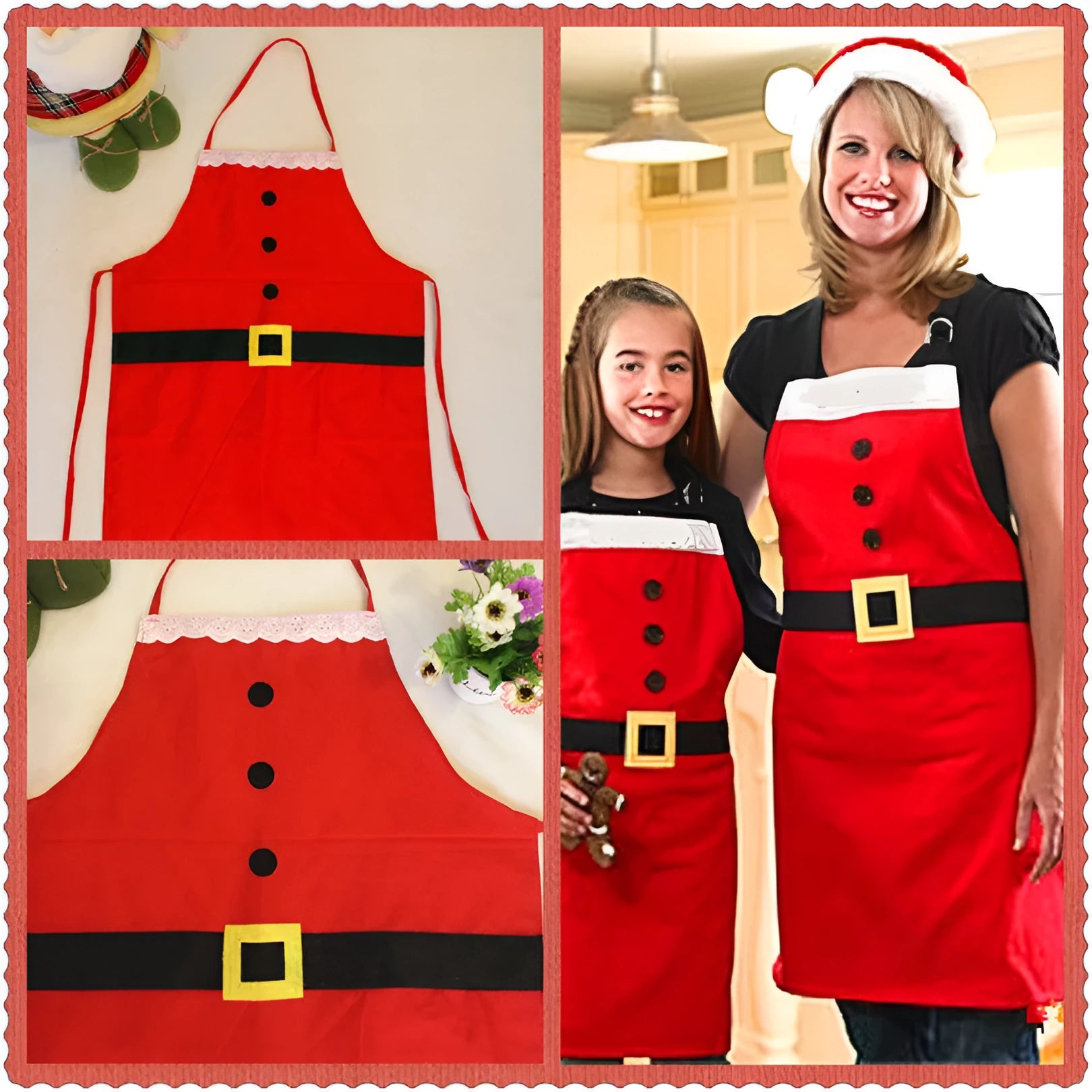 Red Christmas apron for adults and children on a hanger, showing adjustable neck and waist straps.