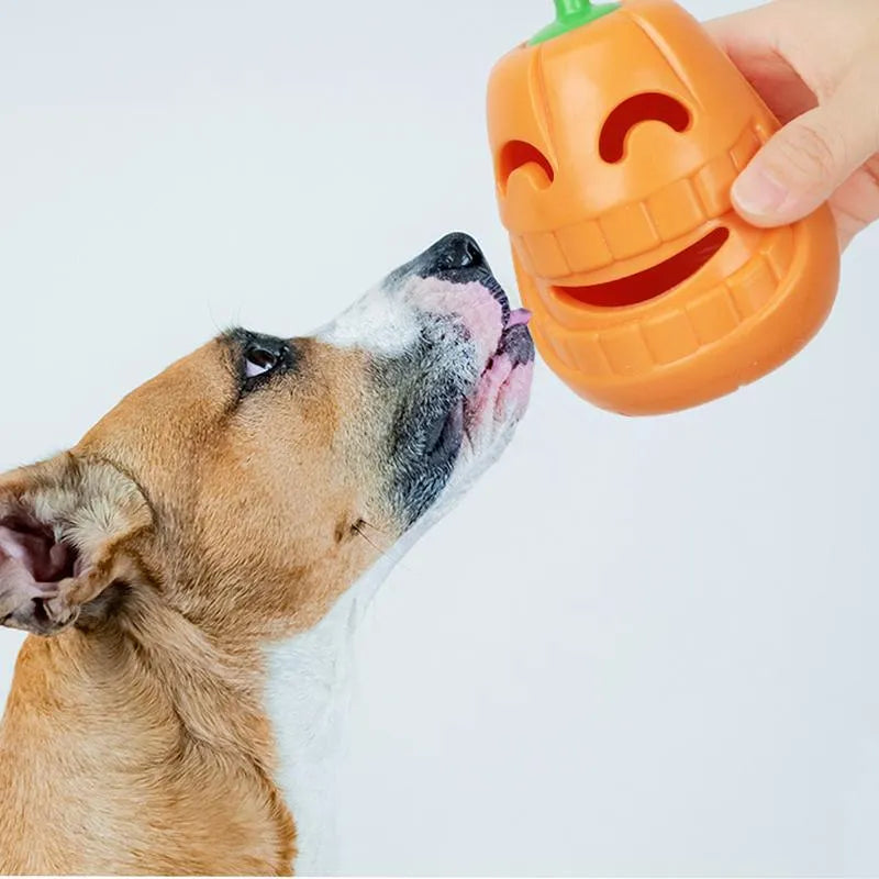 Yellow pumpkin-shaped TPR dog chew toy for aggressive chewers measuring 8.6x11.5 cm