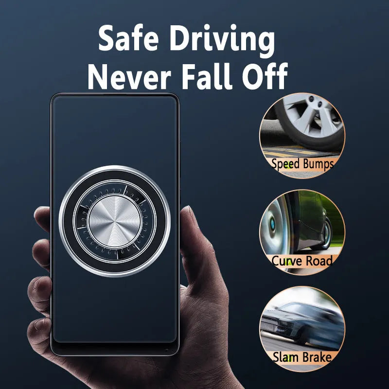 Silver magnetic phone holder attached to car air vent with phone mounted