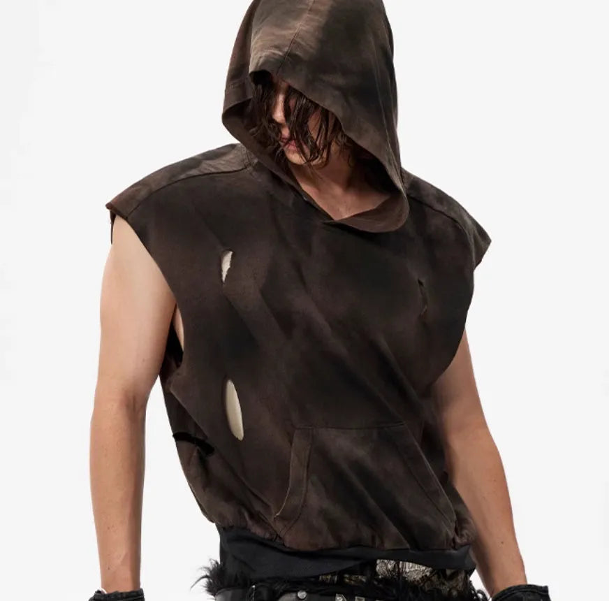 Khaki coloured cotton short sleeve hood vest on a hanger.