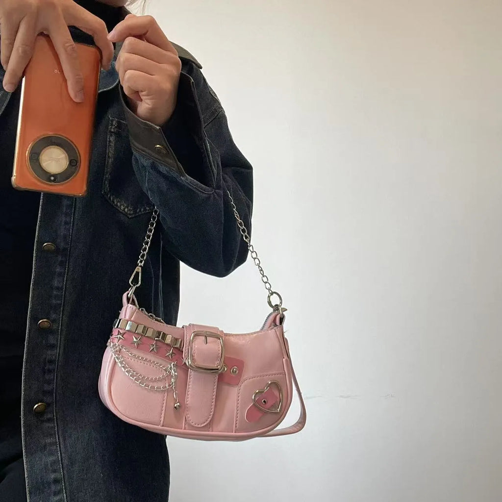 Women's soft PU underarm shoulder bag with chain, horizontal square shape, phone pocket, in pink, black or white.