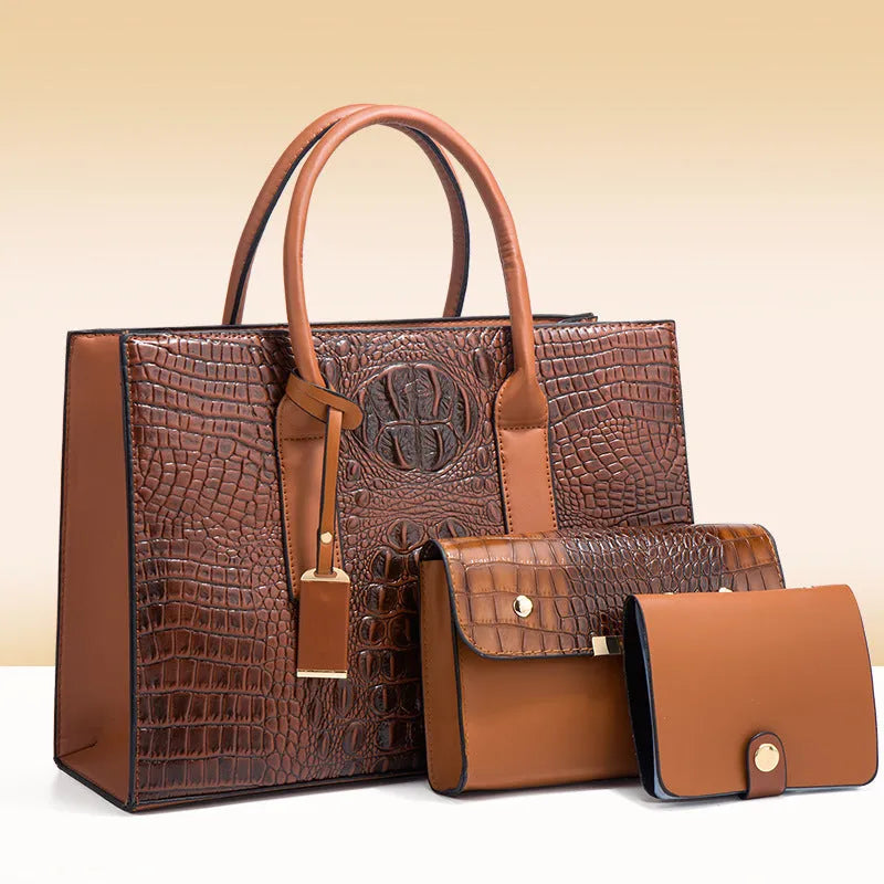 Women's three-piece PU handbag set with crocodile pattern in horizontal square shape.