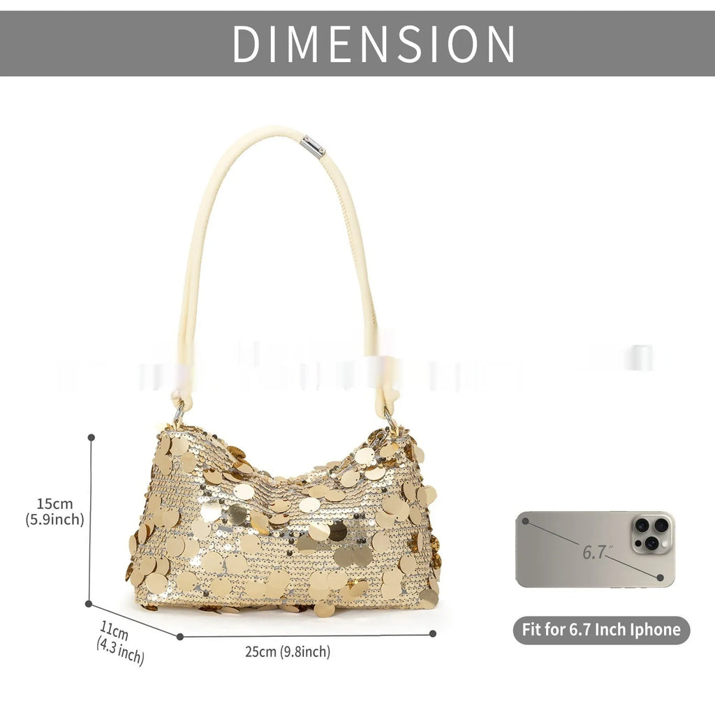 Gold, silver, or black soft polyester underarm crossbody bag measuring 25x11x15 cm.