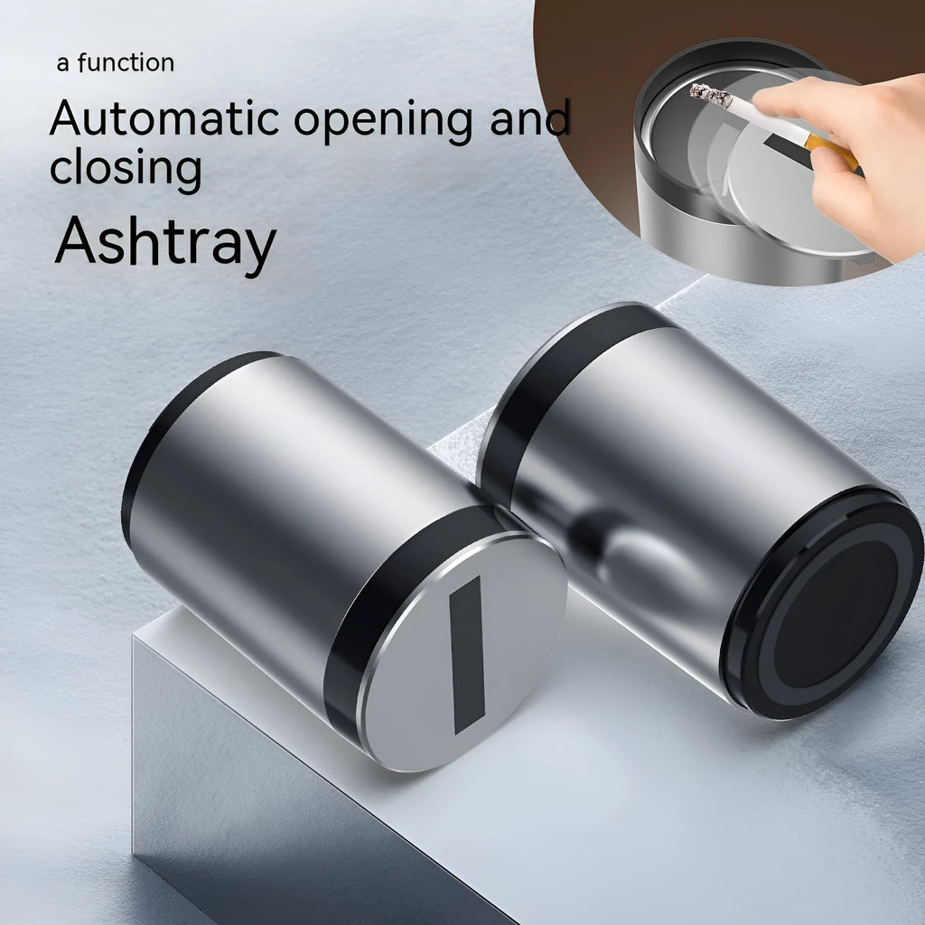Silver aluminium alloy automatic induction ashtray for car or home use.