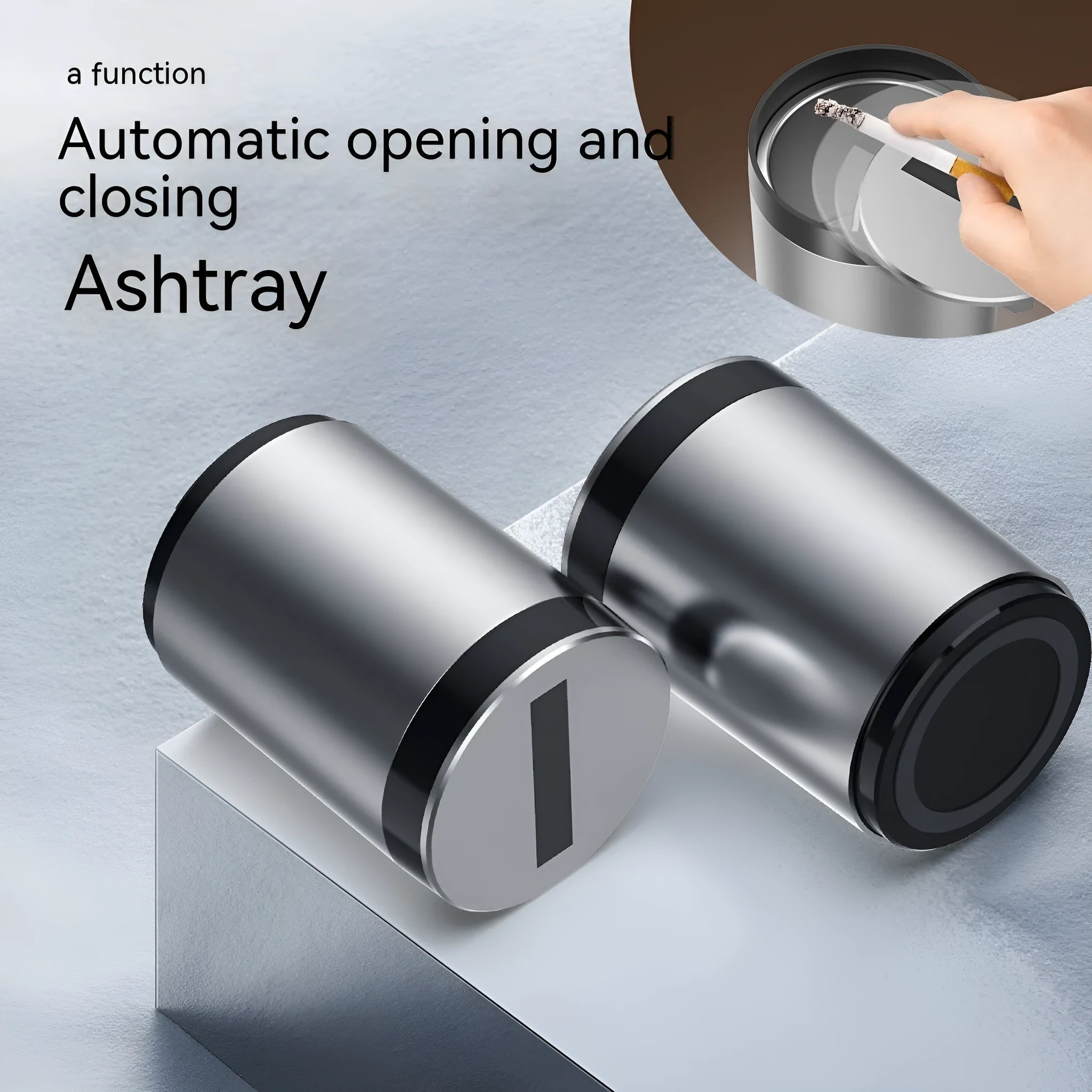Silver aluminium alloy automatic induction ashtray for car or home use.