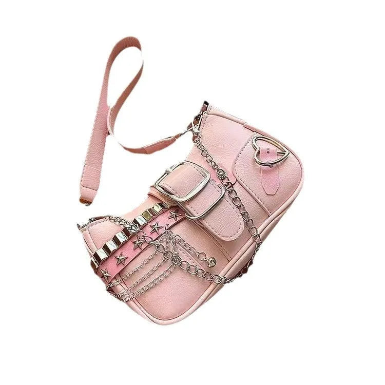 Women's soft PU underarm shoulder bag with chain, horizontal square shape, phone pocket, in pink, black or white.