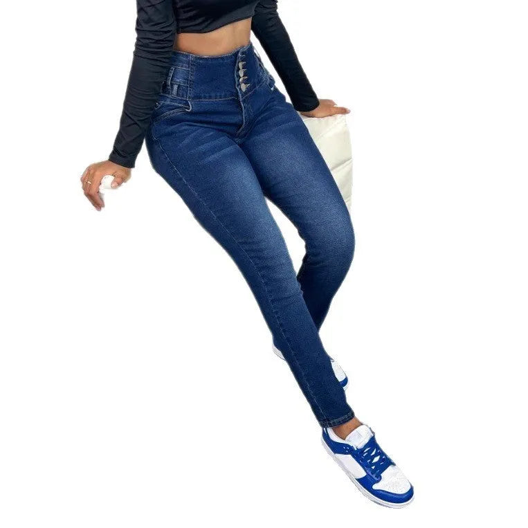 Women's dark blue straight-leg denim trousers with button fly and zip closure on hanger