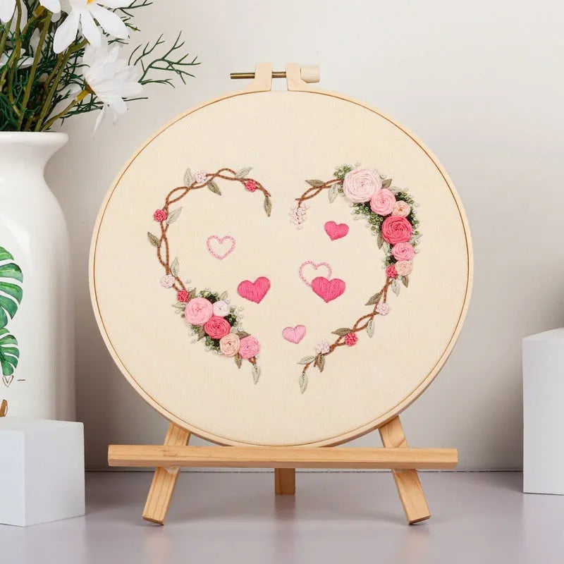 DIY embroidery kit with heart design on cotton cloth and 20cm bamboo frame