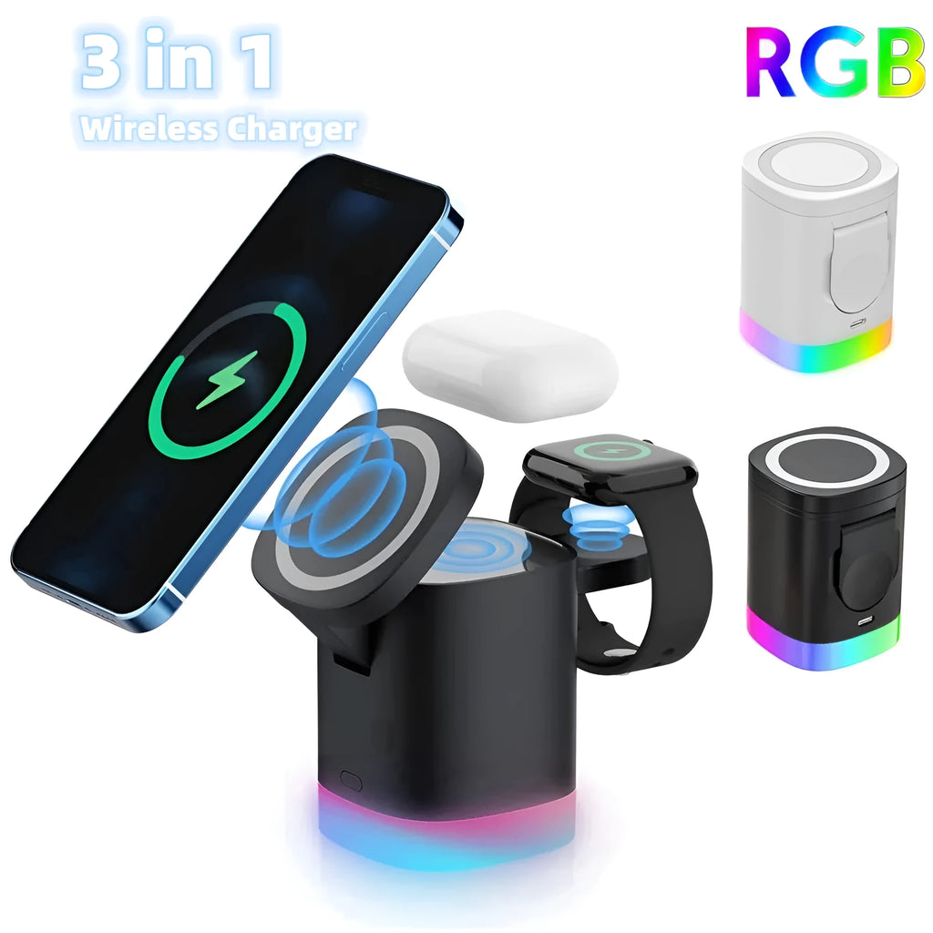 Black 3 in 1 magnetic wireless charging cube showing iPhone, Apple Watch and AirPods charging simultaneously with RGB lights