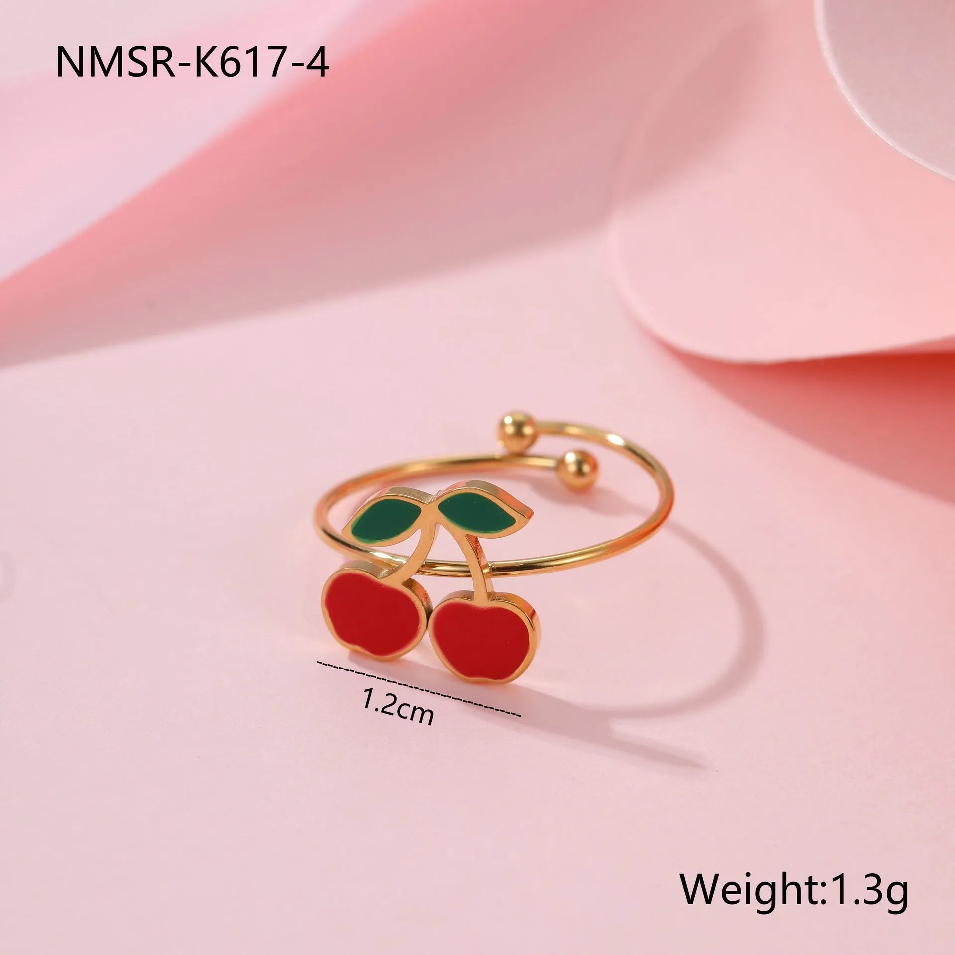 Complete cherry jewellery set with stainless steel necklace, bracelet, earrings, and ring on 18K electroplated chain.