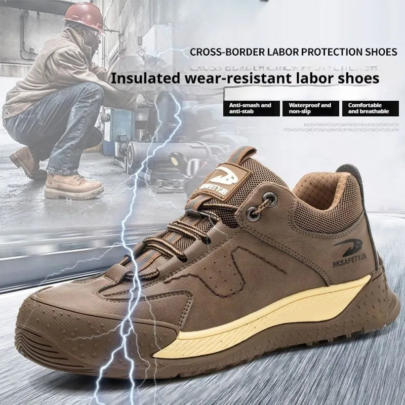 Leather work shoes with rubber soles in black, khaki, gray, and insulated brown colours, sizes 36-46
