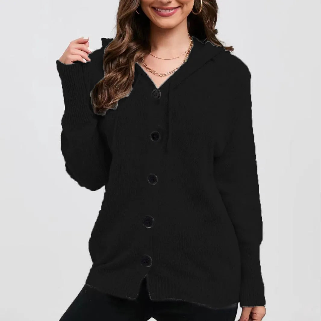 Women's solid colour hooded cardigan with 3D pattern, loose fit, and long sleeves in cotton fabric