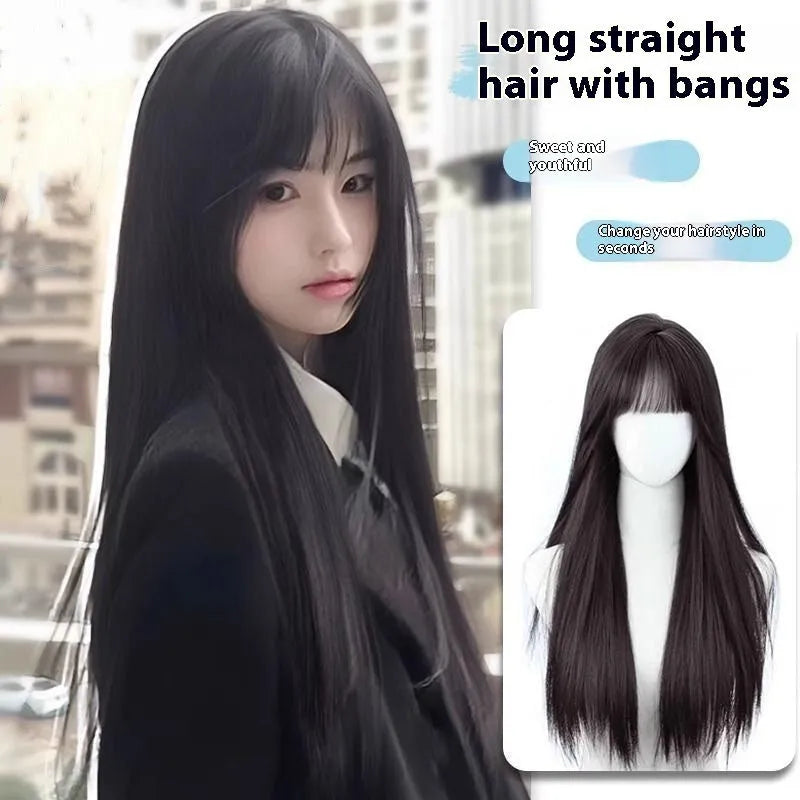 Black long straight synthetic wig with female bangs in high temperature fibre material