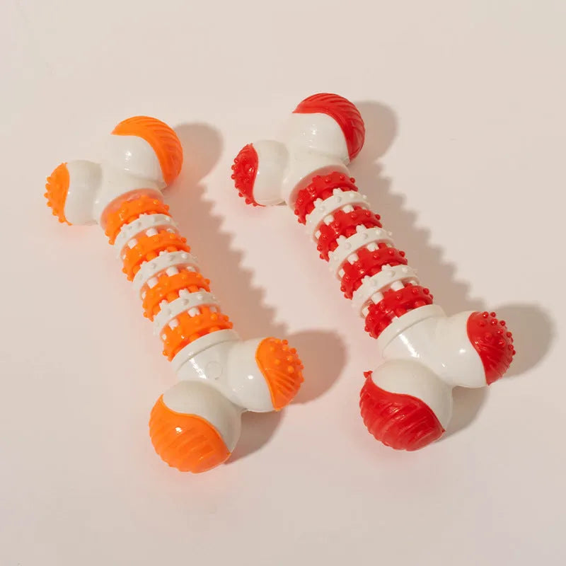 Bone-shaped interactive dog toy in blue, orange, or red for small breed puppies with chewable ends and treat holder