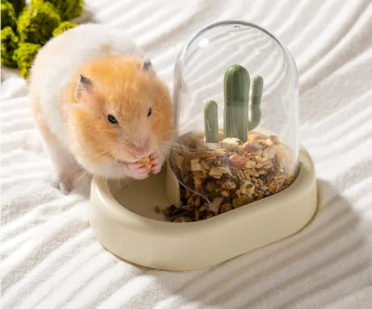 Automatic hamster feeder with transparent food chamber in vanilla yellow colour