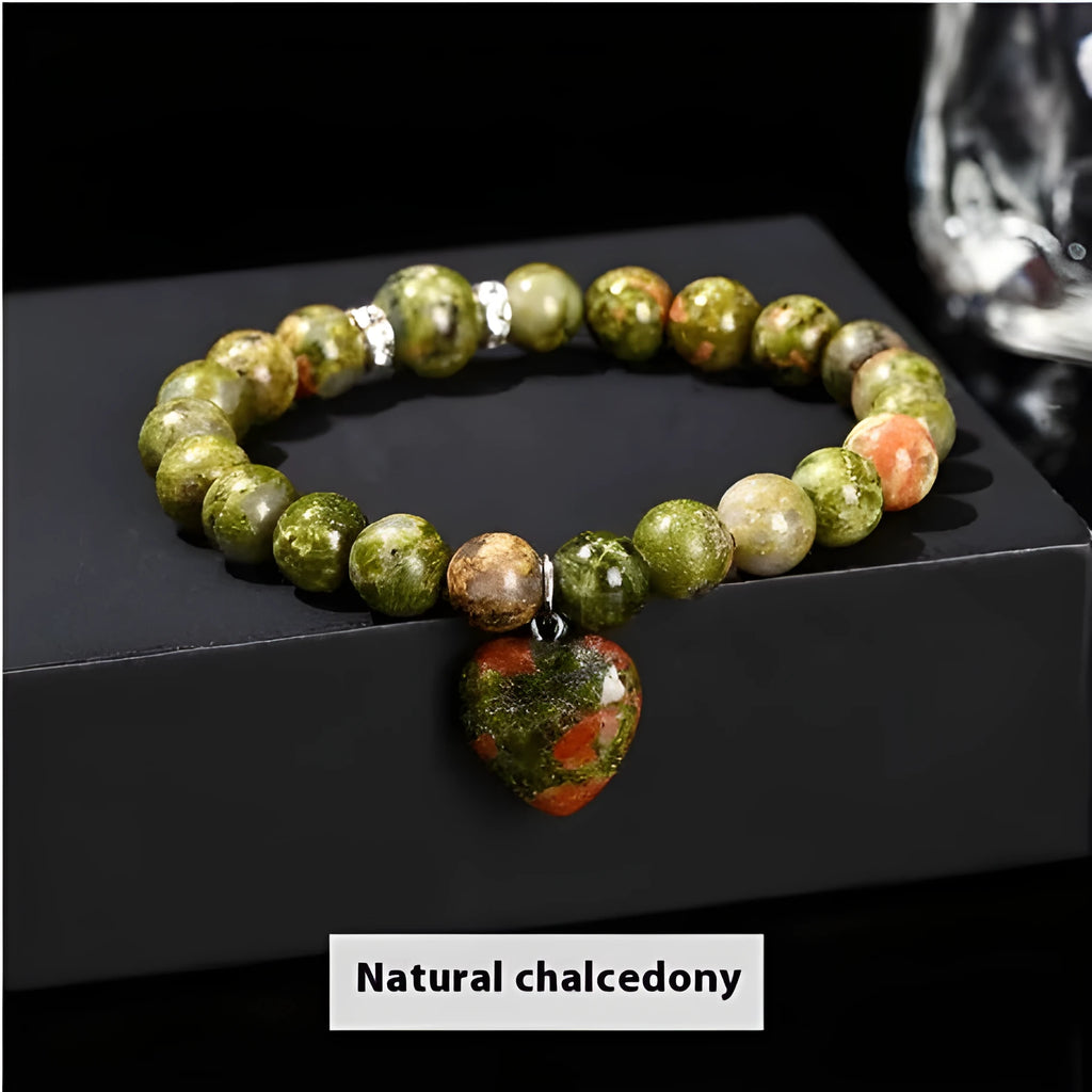 Handmade geometric crystal love pendant bracelet with natural tiger's eye, aventurine, and white jade beads