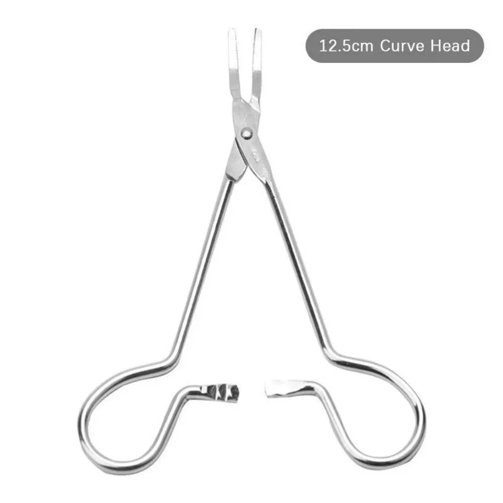 Silver stainless steel pet grooming tweezers with curved tip for ear hair removal and cleaning