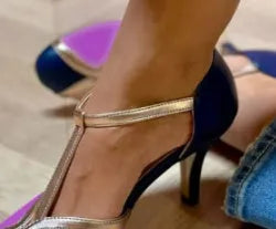 Women's round toe high heels with button fastening in light blue pink, available in extended sizes