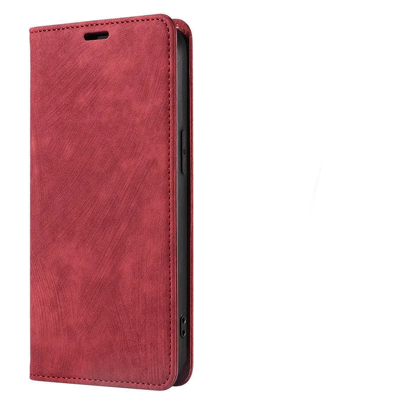 Magnetic flip phone case in grey colour with TPU and leather materials, showing closed flap for iPhone protection