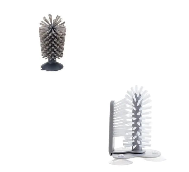 Grey rotating double-head cup cleaning brush with suction cups for wall mounting