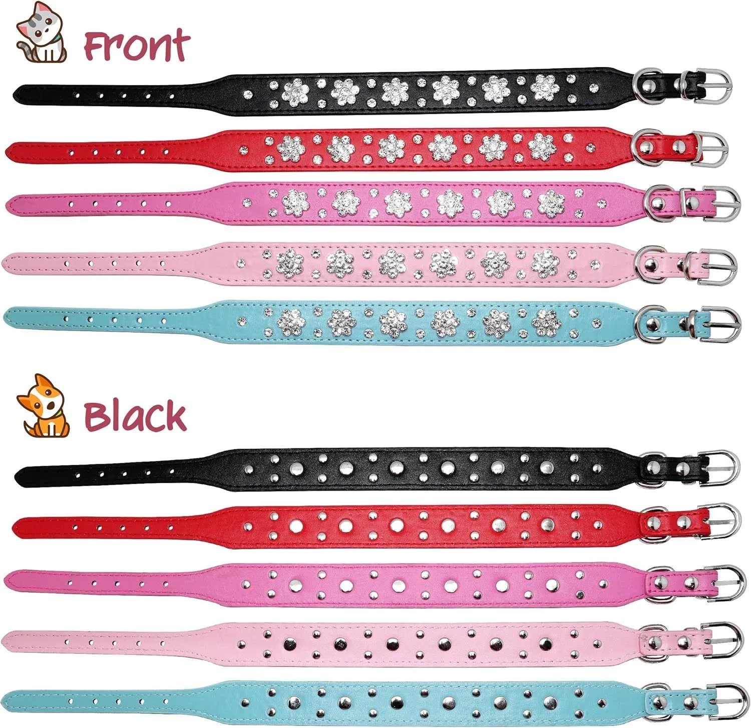 Black PU leather dog collar with rhinestone flower pattern and studded design, adjustable with metal eyelets