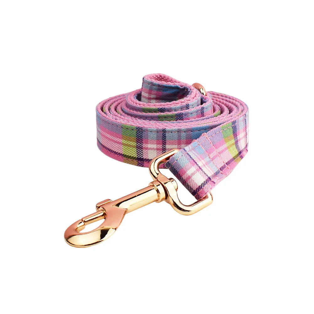 Cloth dog collar and leash four-piece set with matching vest and bow accessories in multiple size options