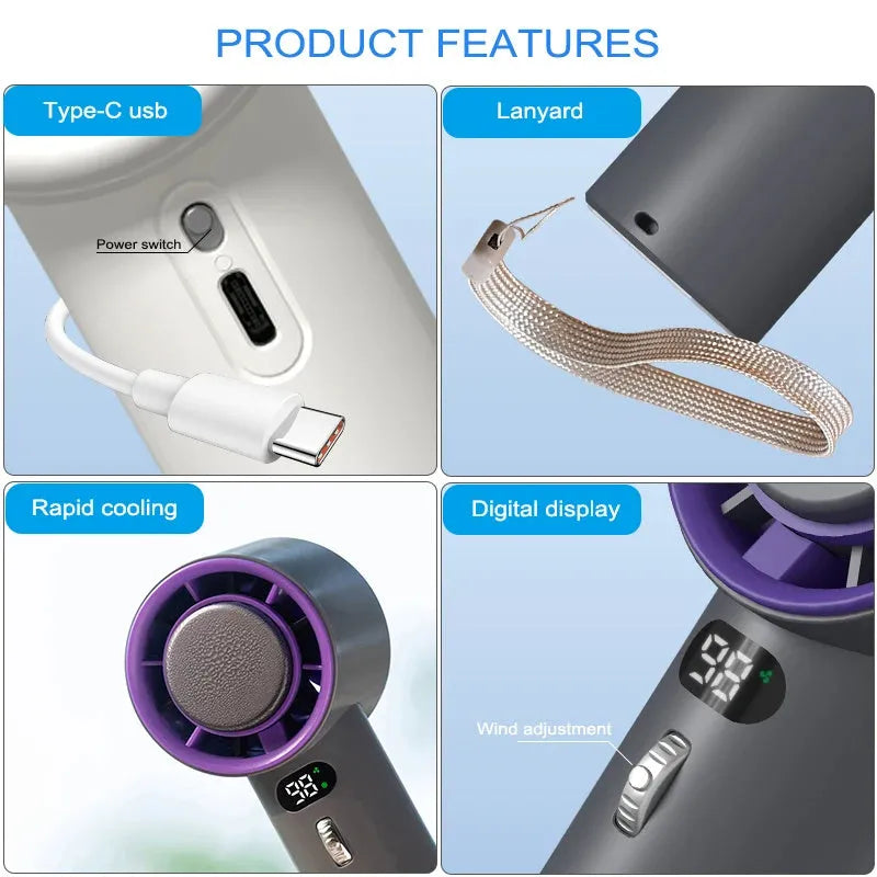 White and grey portable handheld turbo fan with semiconductor cooling and adjustable speeds.