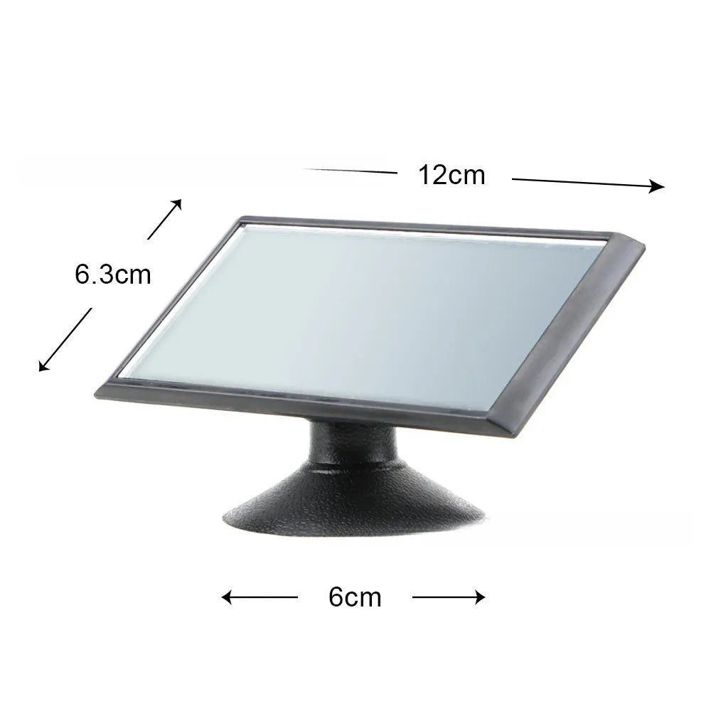 Black 360-degree rotating rearview mirror for car with suction cup mount on a windscreen.