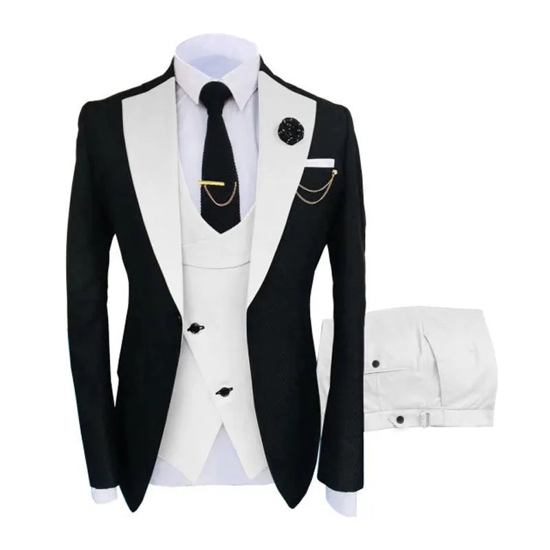 Men's slim fit three-piece business suit in cotton fabric with coat, vest, and trousers for formal occasions