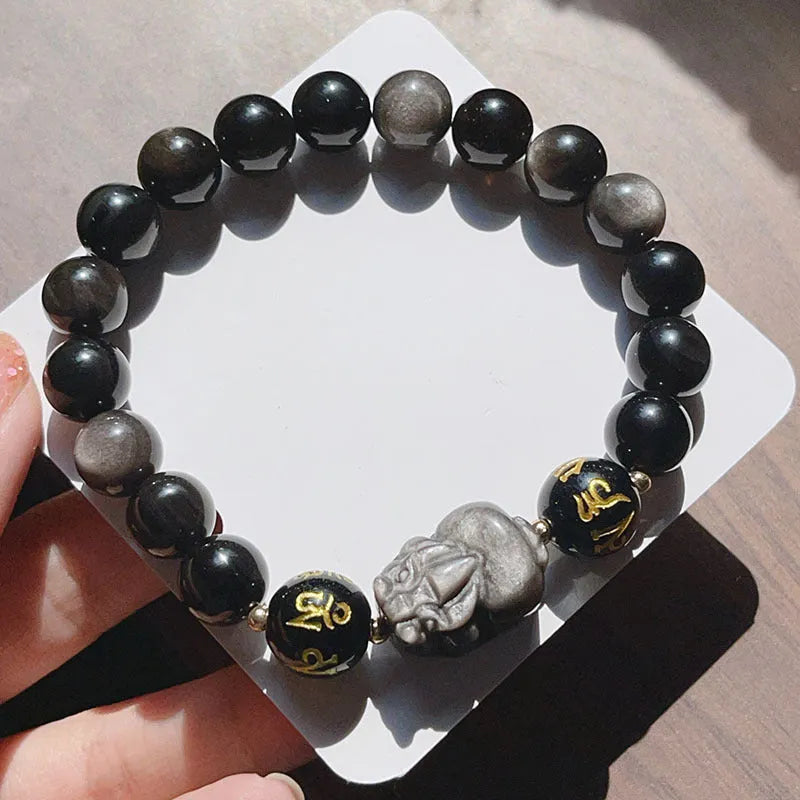 Men's silver stone bracelet with zodiac engravings and beaded design in Chinese style