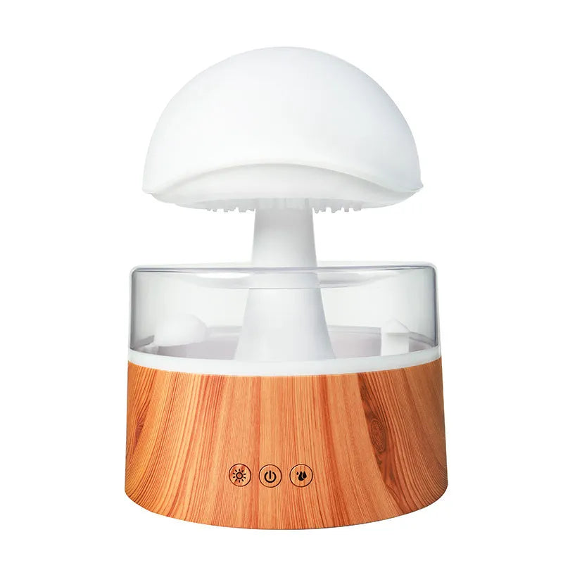 White cloud-shaped humidifier with raindrop visual effect and soft coloured light