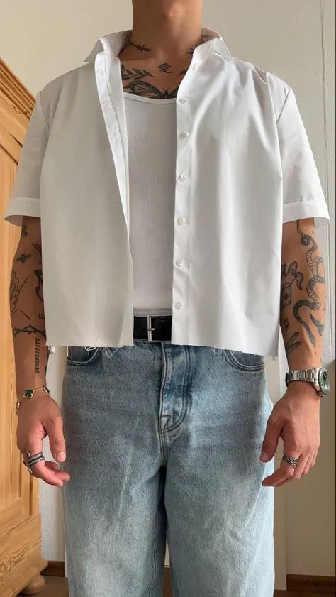 White polyester men's cropped short sleeve shirt with regular fit on plain background