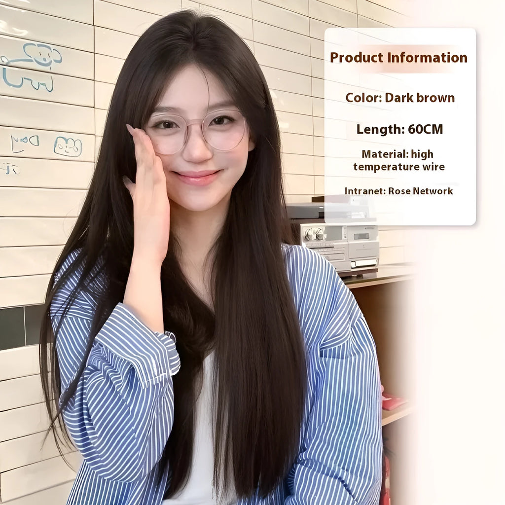 Full-head forehead lace wig in mid-length straight style with dark brown hair and styling accessories