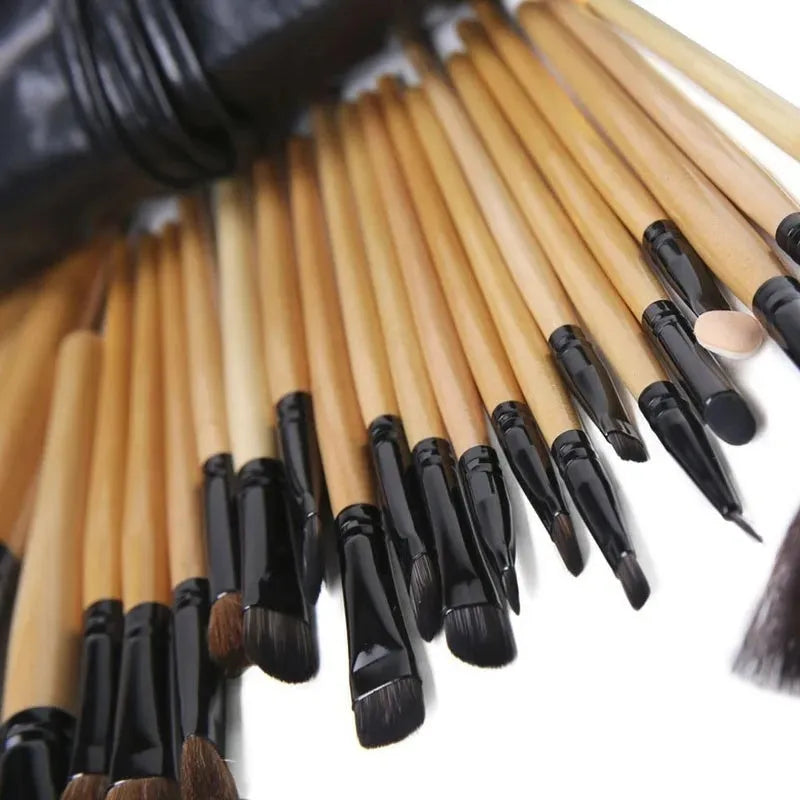 24-piece professional makeup brush set with wooden handles in protective PU gift bag packaging